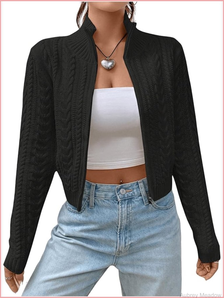 Cropped Cable Knit Cardigan Zip Up Mock Neck Long Sleeve Chunky Y2k